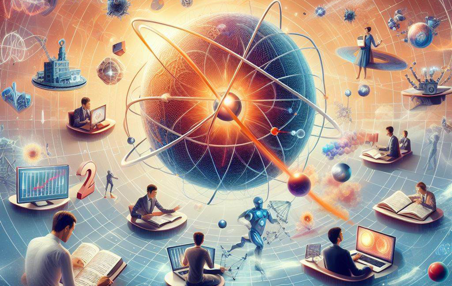 Varias pessoas em livros e computadores flutuando ao redor de um grande átomo.