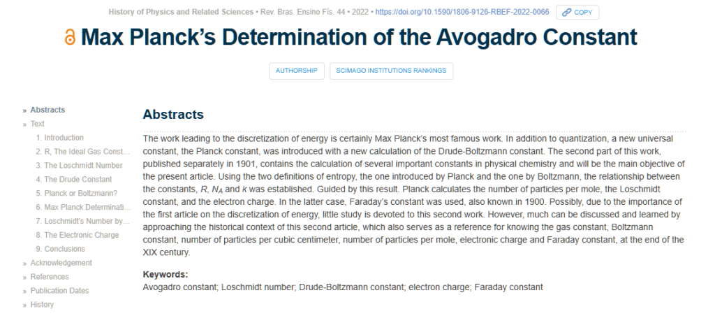 Cópia de tela com o resumo do artigo “Max Planck’s Determination of the Avogadro Constant”, citado na Nature Physics.