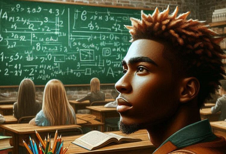 Close-up do rosto de um estudante negro em uma sala de aula,,com os demais alunos e o quadro negro ao fundo. (Crédito; Frederico S M de Carvalho/Dall-E 3)