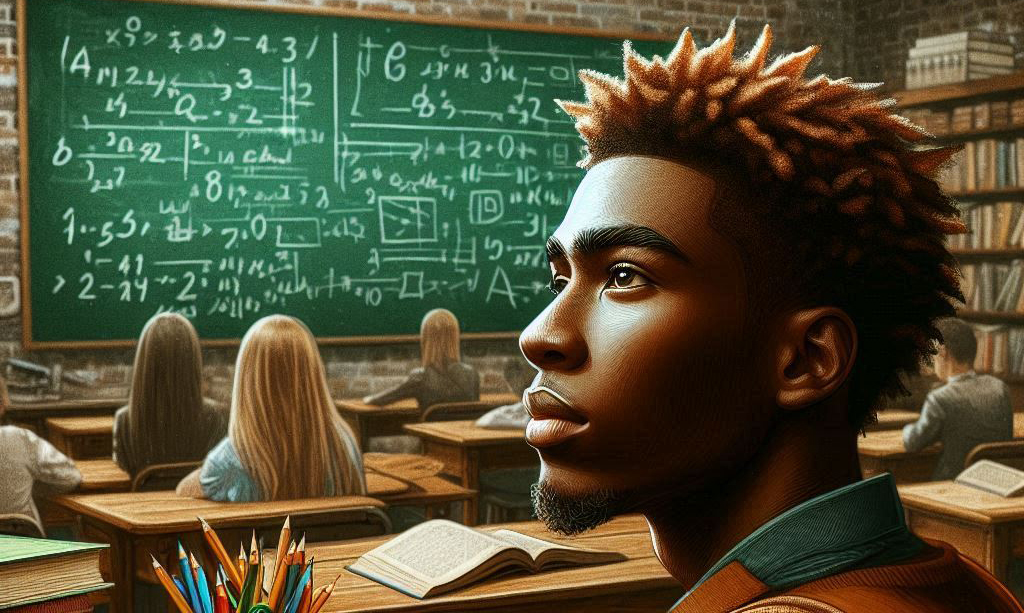 Close-up do rosto de um estudante negro em uma sala de aula,,com os demais alunos e o quadro negro ao fundo. (Crédito; Frederico S M de Carvalho/Dall-E 3)