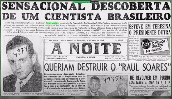 Recorte de Jornal noticiando a descoberta do físico César Lattes.