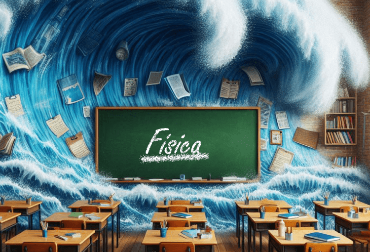Tsunami encobrindo o quadro negro de uma sala de aula. (Crédito; Frederico S M de Carvalho/Dall-E 3)