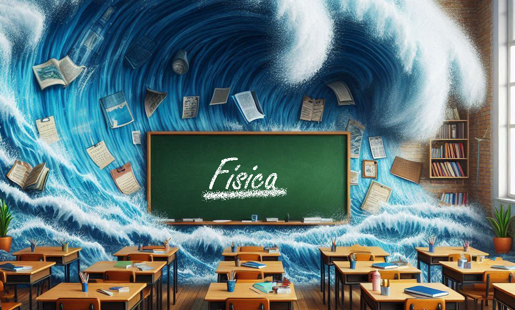 Tsunami encobrindo o quadro negro de uma sala de aula. (Crédito; Frederico S M de Carvalho/Dall-E 3)