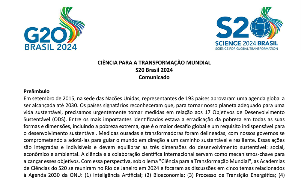 Recorte do primeiro trecho do Comunicado do S20 de 2024.