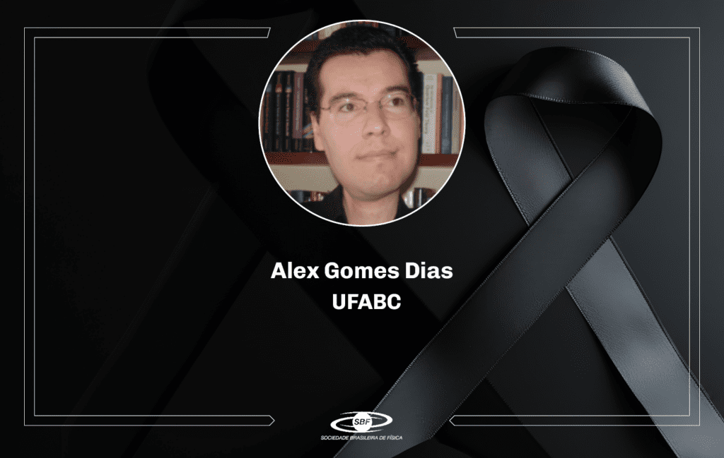 Destaque de óbito do professor Alex Gomes Dias, da UFABC. Fundo preto com fita preta e foto do professor em destaque.