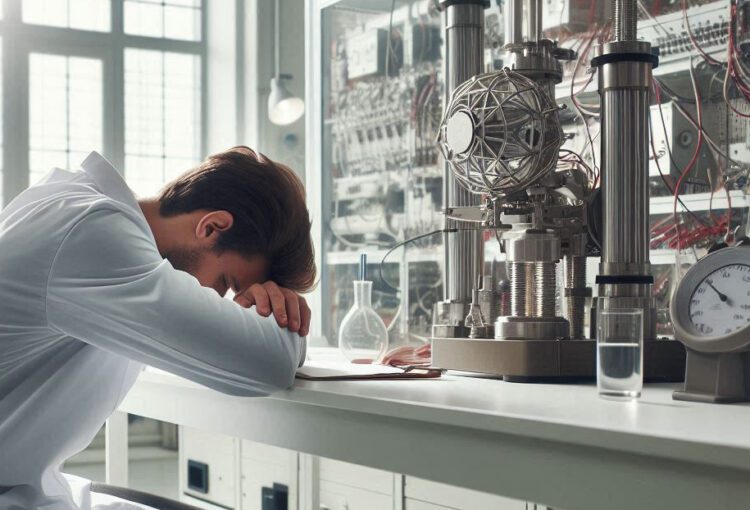 Cientista prostrado em um laboratório vazio, (Crédito: Frederico S. M. de Carvalho/Dall-E 3)