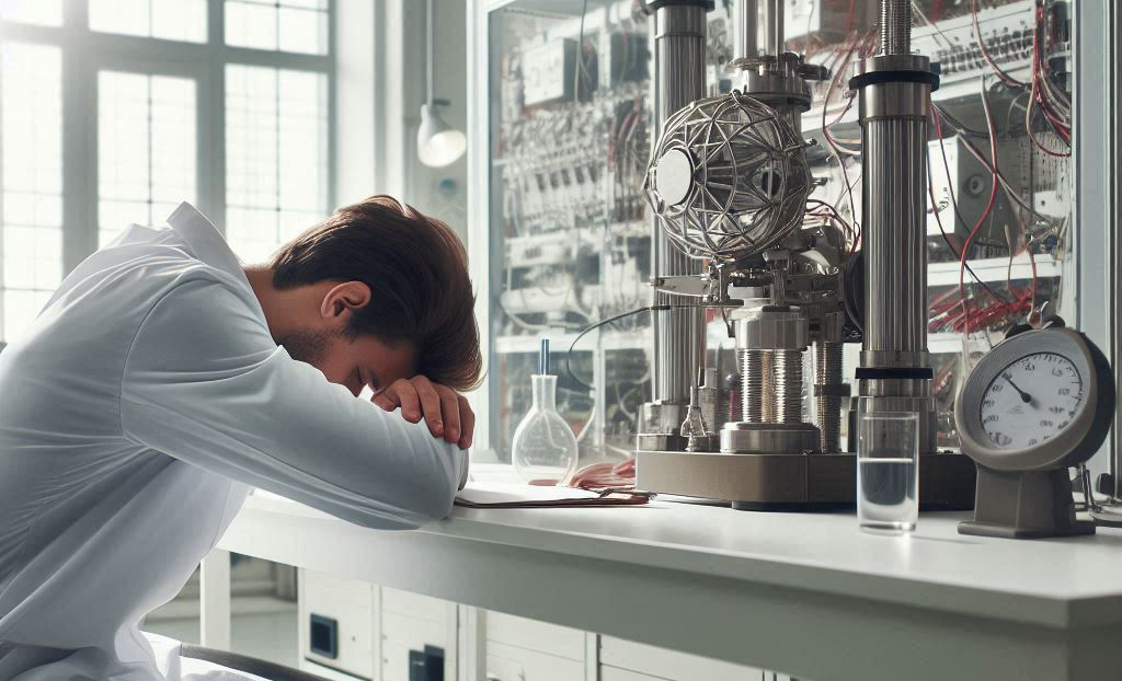 Cientista prostrado em um laboratório vazio, (Crédito: Frederico S. M. de Carvalho/Dall-E 3)