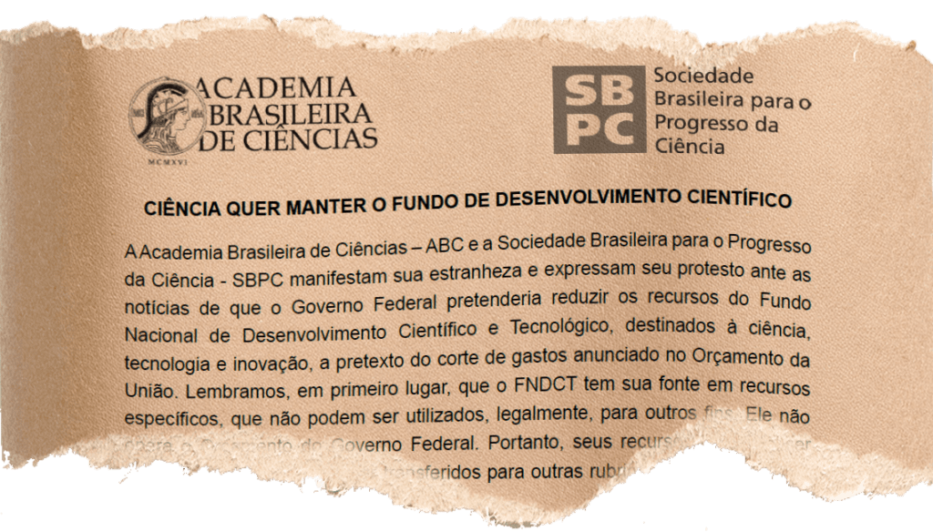 Imagem de papel rasgado com parte do documento da SBPC e ABC.