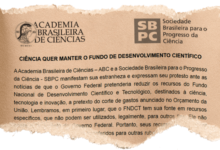 Imagem de papel rasgado com parte do documento da SBPC e ABC.