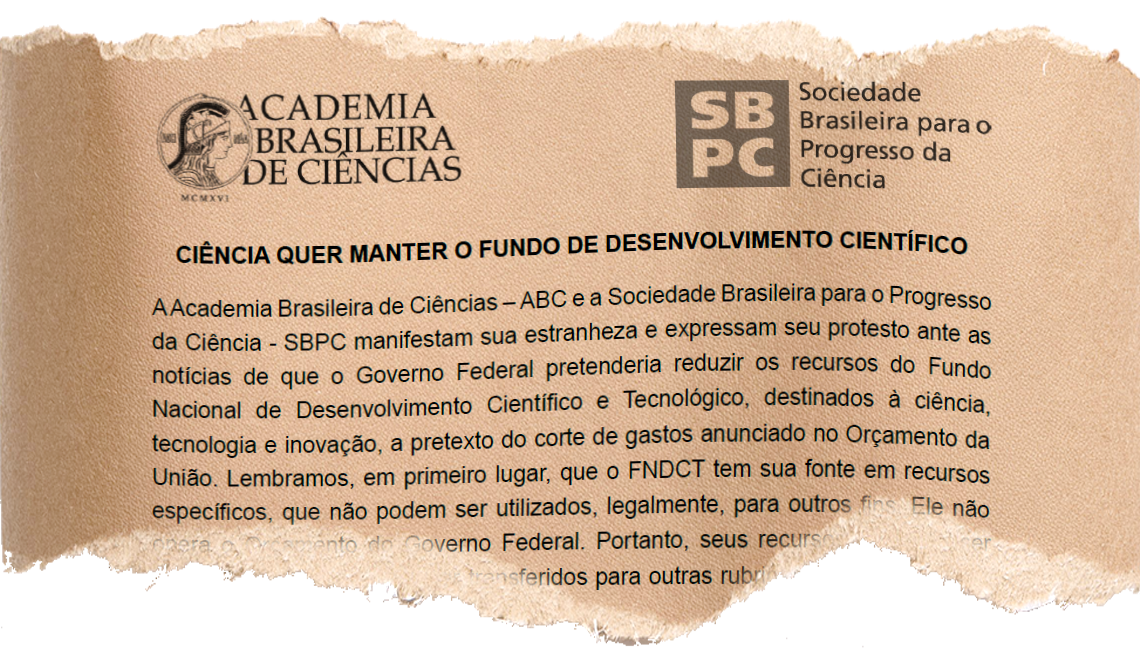 Imagem de papel rasgado com parte do documento da SBPC e ABC.